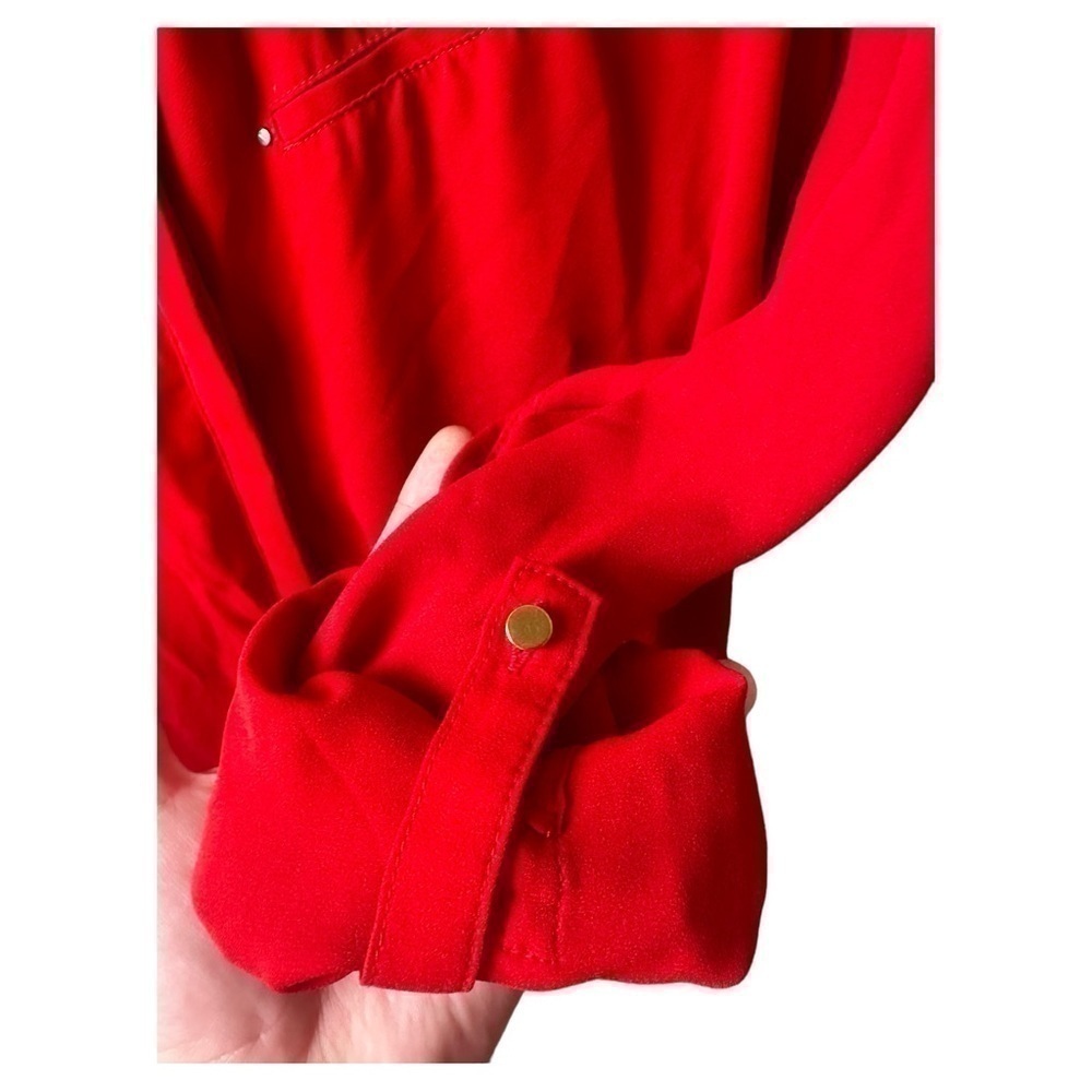 Mango Shirt Womens M Button Up Roll Tab Sleeve Red Gold Accents Light Office - Picture 7 of 11